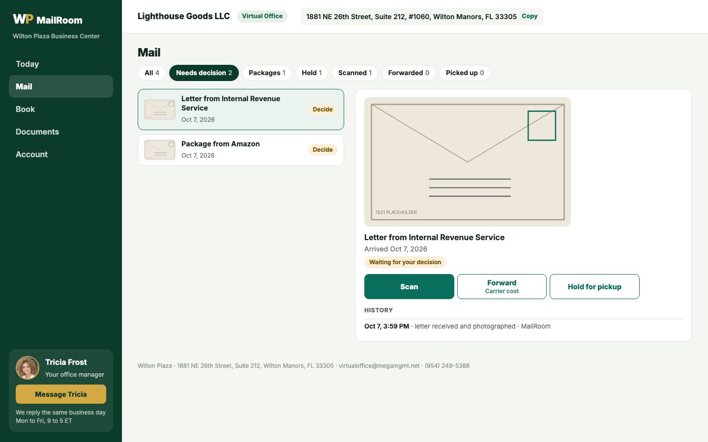 MailRoom mail list with photos