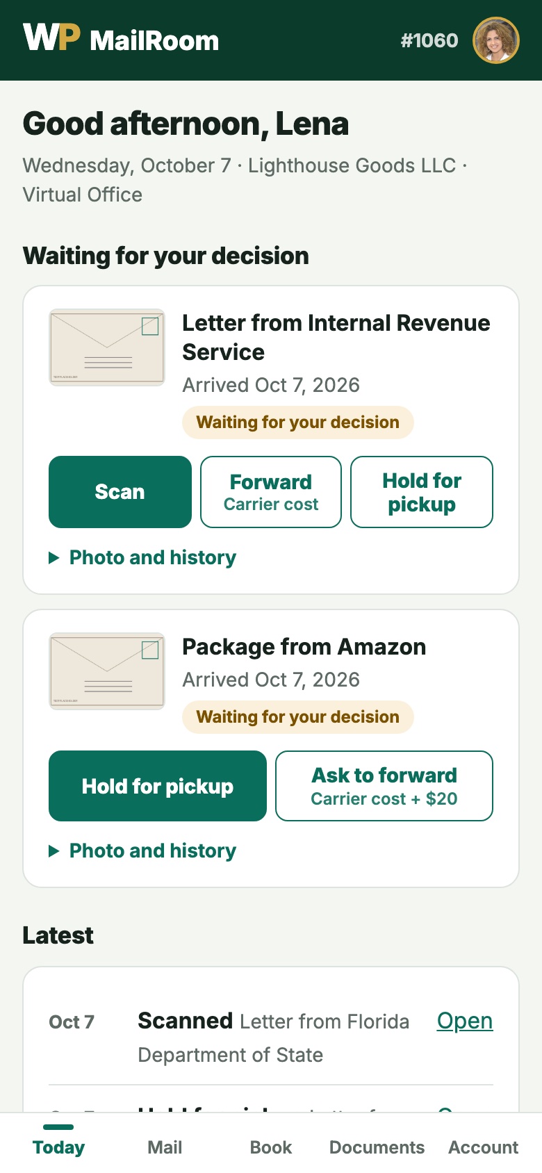 MailRoom on a phone: today's mail waiting for a decision